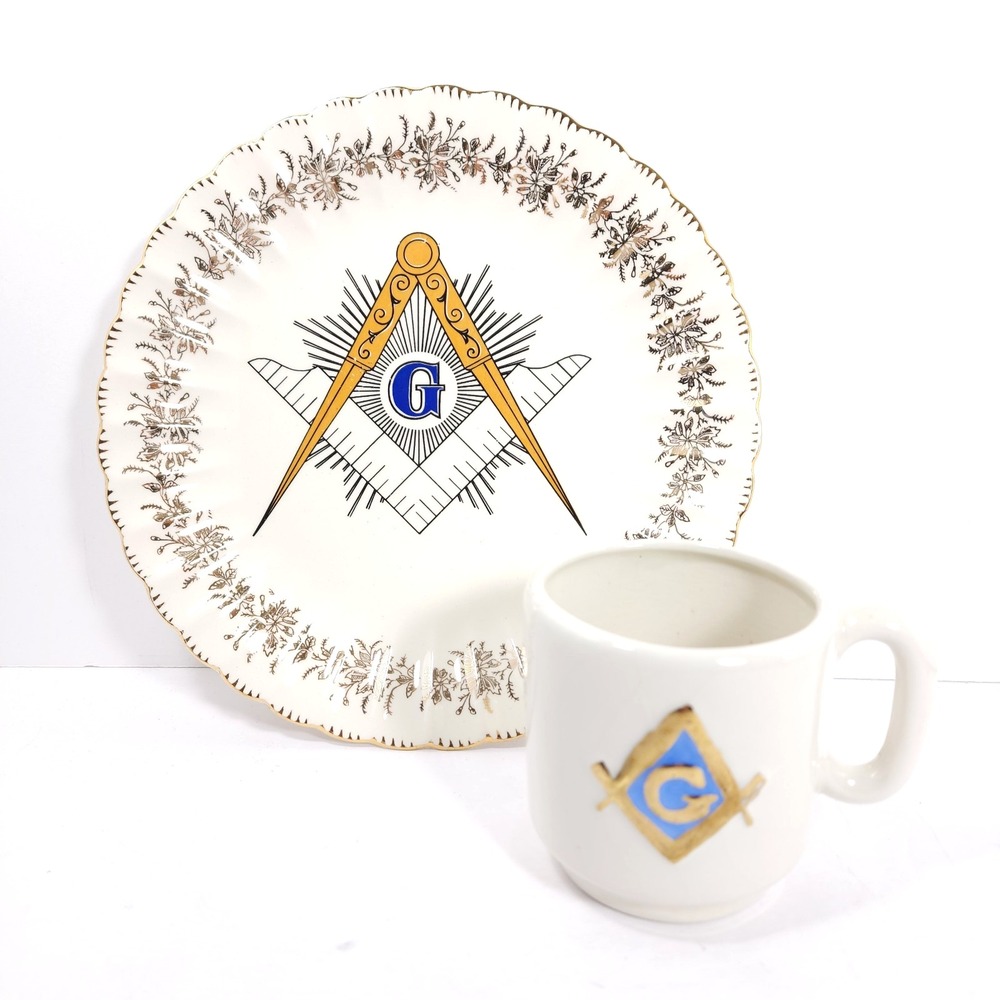Masonic Freemason Plate 10" Gold Scalloped Edge Trim & Coffee Cup VTG U.S.A.